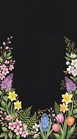 Floral frame border with spring flowers on black background for greeting cards, invitations and decorative design projects.