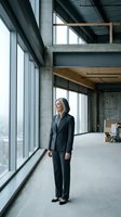 Mature woman with gray hair wearing dark business suit standing in modern industrial loft space with concrete pillars, wooden beams, and large windows. Professional portrait for corporate, leadership, and business concepts.