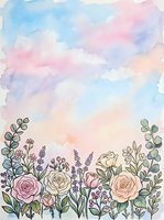 Watercolor floral border with roses, lavender, and eucalyptus on a pastel sky background, perfect for wedding cards and invitations.