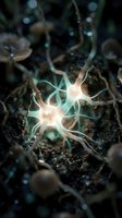 Glowing neural network connections with bright synapses firing in dark organic environment. Scientific visualization of brain activity and neuroscience concepts.