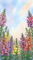Watercolor snapdragon flowers in pink, yellow, purple and orange bloom against a soft pastel sky, creating a vibrant spring garden scene.