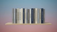 Row of neutral-toned books arranged on wooden shelf against gradient background for modern interior design and educational concepts.
