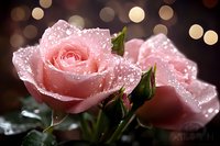 Fresh pink roses with morning dew drops against dark background with soft bokeh lights create romantic mood for wedding and valentines designs.
