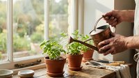 Senior man watering small herb plants on wooden windowsill with copper watering can in bright kitchen interior for home gardening hobby.