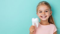 Young blonde girl in pink shirt holding white tooth model and smiling against turquoise background, representing dental care and oral hygiene education for children.