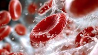 Red blood cells flowing in plasma with water splashes and dynamic motion, microscopic medical visualization showing erythrocytes in circulatory system.