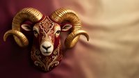 Ornate golden ram head mask with decorative patterns and curved horns on warm gradient background for theatrical and ceremonial design projects.