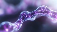 Glowing purple neuron synapse connection on dark background with bokeh effect shows electrical impulse transmission in nervous system biology concept.