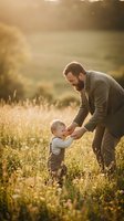 Father helping toddler son walk in golden meadow during sunset. Warm family bonding moment in nature with soft sunlight and wildflowers creating magical atmosphere.