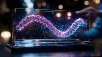 Glowing DNA helix structure in glass display with purple and blue particles floating in dark space against blurred bokeh background creates futuristic science atmosphere.