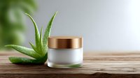 White cosmetic cream jar with metallic gold lid next to fresh aloe vera plant on wooden surface against blurred green background, natural skincare concept.
