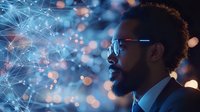 Young African American businessman in glasses looking at glowing network visualization with bokeh lights, representing digital transformation and future technology.