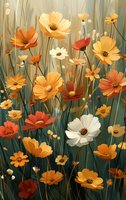 Cosmos flowers in orange, yellow and white bloom against dark green stems creating dreamy garden atmosphere. Floral art suitable for wall decor and textile design.