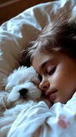 Young girl sleeping peacefully with white Maltese puppy on soft bedding, creating tender moment of companionship and innocent rest. Natural lighting enhances calm mood.
