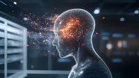 Glowing digital head silhouette with orange energy particles dispersing from brain area against dark background, representing artificial intelligence and mind power.