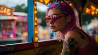 Woman with purple hair and heart-shaped sunglasses at neon-lit carnival, wearing colorful tattoos. Vibrant nighttime amusement park atmosphere for entertainment and lifestyle content.