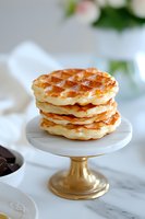 Stack of golden grilled waffles with crispy pattern on marble cake stand against light background. Fresh homemade breakfast or brunch setting with soft natural lighting.