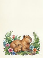Adorable capybara family with baby surrounded by tropical flowers and ferns on neutral background for nursery decor and children designs.