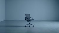 Modern office chair with mesh back and armrests positioned in minimalist empty room with concrete floor and blue-gray walls, suitable for corporate, business, and interior design projects.