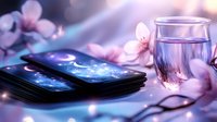 Mystical tarot cards with crystal glass and soft pink flowers creating magical atmosphere for spiritual readings and fortune telling sessions.