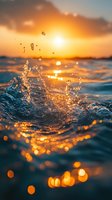 Water splash at sunset creates golden bokeh effect on ocean surface with dramatic orange sky and sun reflection.