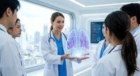 Female doctor presenting holographic lung anatomy to medical team in modern hospital conference room with city skyline view for healthcare education.