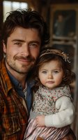 Caucasian father with beard wearing plaid shirt holds adorable toddler daughter in floral dress and sweater, both smiling warmly in natural indoor lighting.