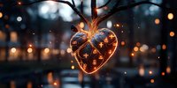 Glowing heart-shaped lantern with star cutouts hanging from tree branch at dusk, bokeh lights and magical sparkles creating romantic atmosphere.