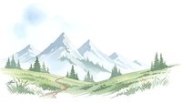 Watercolor mountain landscape with winding path through green meadows and evergreen trees under soft blue sky for nature and travel designs.