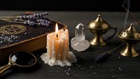 Mystical altar setup with burning candle, crystal, brass scales, spell book and lavender for witchcraft rituals and spiritual practices.