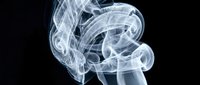 Swirling white smoke forming an intricate knot shape against a dark black background, creating an ethereal abstract art effect.