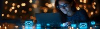 Young woman in glasses working on laptop at night with glowing email icons and bokeh lights, digital communication concept for remote work and messaging.