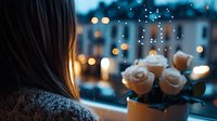 Young Asian woman looking through window at night with white roses in foreground, bokeh lights and raindrops creating dreamy atmospheric mood. Concept of romance and contemplation.