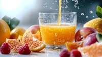 Fresh orange juice pouring into glass with splashing drops, surrounded by citrus fruits, raspberries and peaches on table, dynamic beverage photography.
