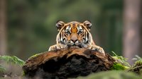 Majestic Bengal tiger resting head on fallen log in lush forest setting, intense gaze directly at camera, displaying powerful predator nature against green foliage background.