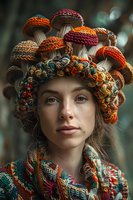 Young woman wearing creative mushroom crown headpiece and patterned ethnic clothing in warm autumn colors against blurred natural background.