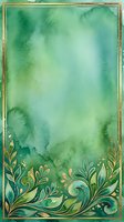 Watercolor background with green gradient wash and ornamental gold leaf botanical border frame, isolated on white for design projects, invitations, and decorative layouts.