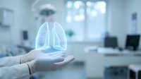 Medical professional holding holographic lungs projection in modern healthcare facility for respiratory system diagnosis and treatment planning.