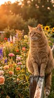 Orange tabby cat sitting on wooden fence in blooming flower garden with sunflowers and roses during golden hour sunset, suitable for pet, nature and garden themed projects.