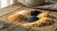 Assorted organic seeds and grains including quinoa, chia, sesame and flax arranged on rustic wooden table for healthy cooking and nutrition concepts.