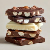 Stack of chocolate bars with hazelnuts and one white chocolate piece in the middle, arranged on beige background for gourmet food photography.