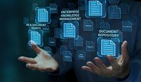 Business professional managing digital documents with enterprise knowledge management system and document repository technology interface.
