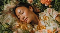 Young Asian woman lying with closed eyes surrounded by delicate pink carnations and glass baubles, creating dreamy romantic atmosphere for wellness and beauty concepts.