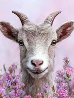 White goat portrait with gentle smile among pink wildflowers, close up view of young domestic animal face with horns and expressive amber eyes on soft pink background.