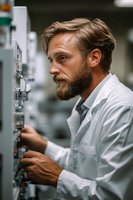 Caucasian male scientist with beard in white lab coat working with laboratory equipment and control panel, focused on research and scientific analysis.