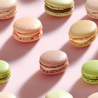 Colorful French macarons in pastel pink, green and cream arranged in diagonal pattern on pink background with dramatic shadows creating modern composition.