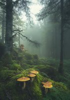 Mystical forest scene with wild mushrooms growing on moss-covered ground amid towering evergreen trees in foggy atmosphere, creating ethereal woodland ambiance.