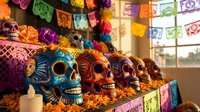 Colorful decorated sugar skulls and marigold flowers displayed for Day of the Dead celebration with traditional papel picado banners in festive Mexican altar.