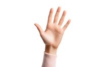 Raised female hand with light skin tone wearing pink sleeve against white background, showing palm in greeting or voting gesture. Isolated photo for design use.