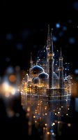 Glowing mosque with minarets and domes illuminated by magical lights and sparkles against dark background, creating ethereal architectural fantasy scene.